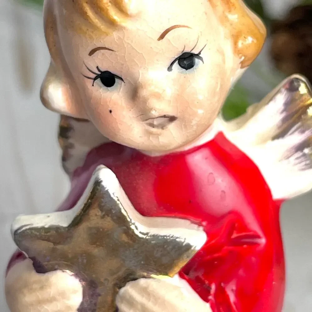Vintage 1950-60s Porcelain Christmas Angel Red Dress Gold Star 3.5